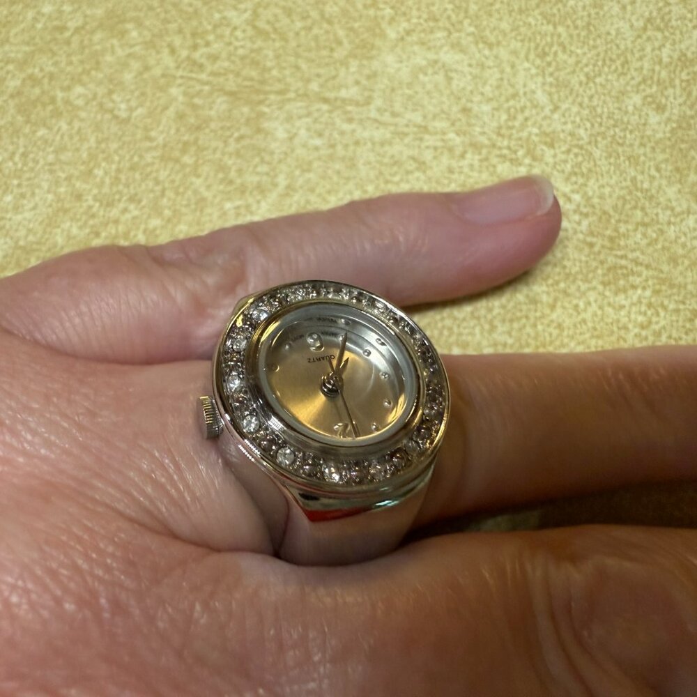 Avon Watch Ring w/April Birthstone Rhinestones Around Dial